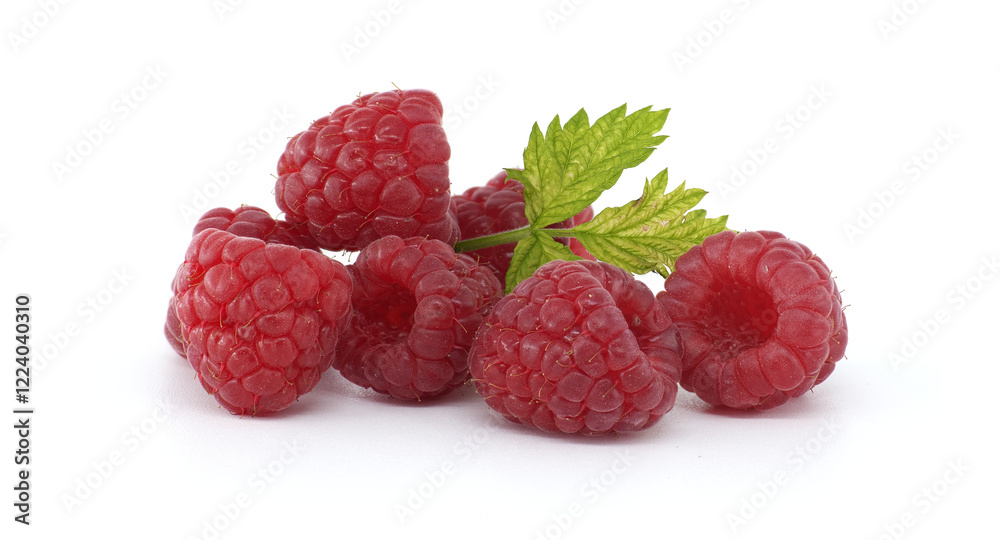 Fresh Ripe Red Raspberries with Green Leaves on White Background Fresh Ripe Red Raspberries with Green Leaves on White Background