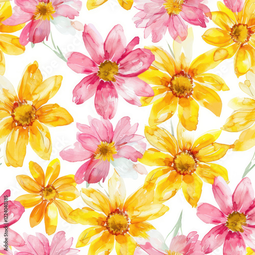 Cute watercolor daisies in yellow and pink watercolor floral seamless pattern. Watercolor print in rustic vintage style, textile or wallpapers.