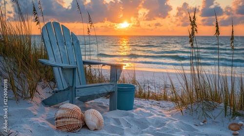 Serene Sunset Beach Scene with Adirondack Chair