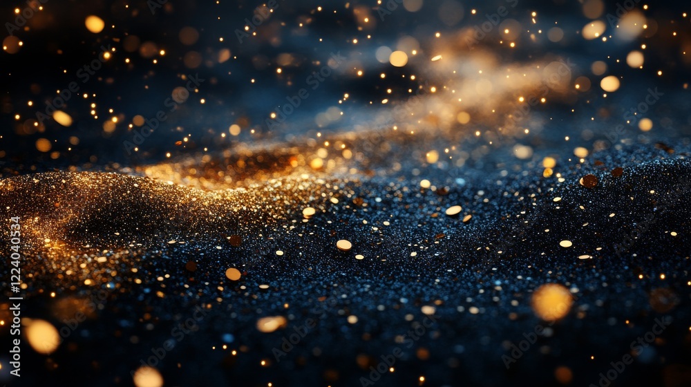 Obraz premium Glittering Gold Confetti on a Dark Black Surface, Festive Celebration Background with Golden Shimmer and Elegance