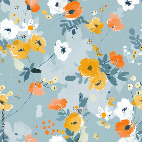 Cute light Blue and Orange, grey background, small floral watercolor floral seamless pattern. Watercolor print in rustic vintage style, textile or wallpapers.