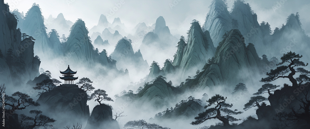 Mystical mountain landscape shrouded in mist, featuring a traditional pagoda and windswept pine trees, evoking serene and timeless beauty. Mystical mountain landscape shrouded in mist, featuring a traditional pagoda and windswept pine trees, evoking serene and timeless beauty.