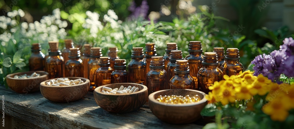 Fototapeta premium Herbal remedies & supplements outdoors. Garden background. Alternative medicine