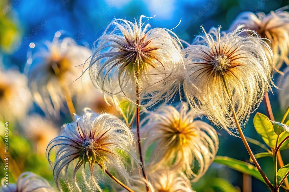 Clematis vitalba Seeds: Feathery Achenes Dispersed by Wind, High-Resolution Stock Photo Clematis vitalba Seeds: Feathery Achenes Dispersed by Wind, High-Resolution Stock Photo