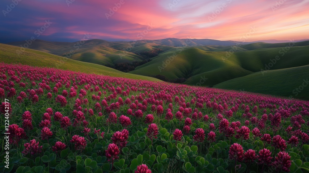 Obraz premium A meadow of crimson clovers surrounded by rolling green hills under a vibrant afternoon sky.