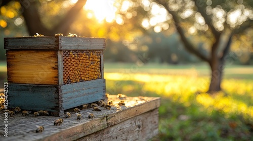 Honeybees returning to hive at sunset, orchard background. Use agriculture, food production
