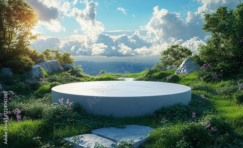A dreamy landscape with a round white podium in the foreground, surrounded by lush greenery and a bright sky with fluffy clouds. Ideal for product presentation and branding visuals.