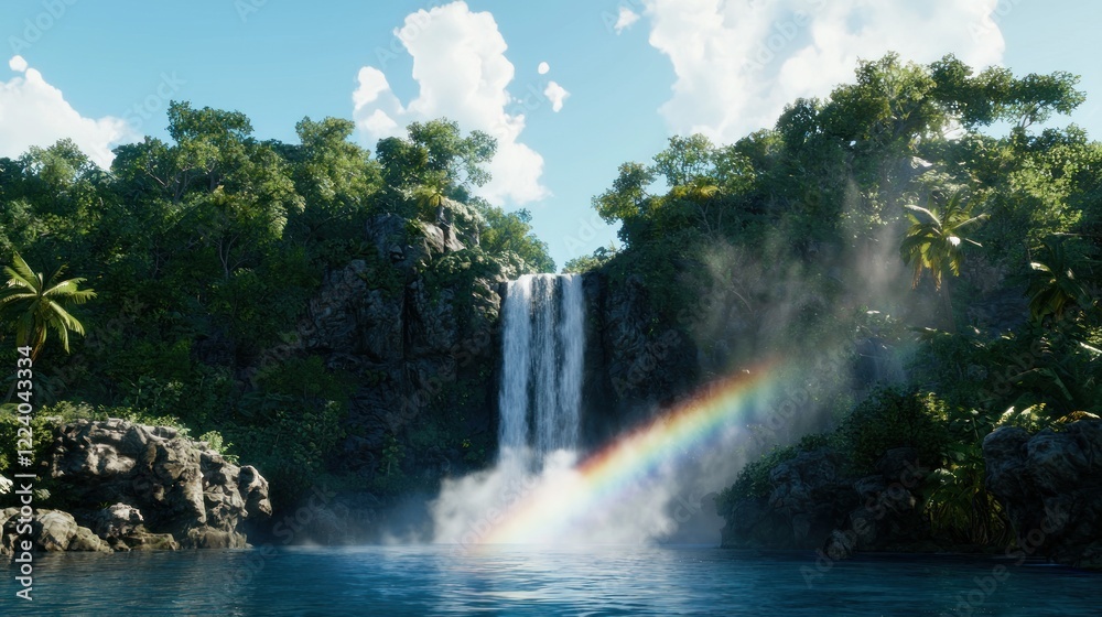 Obraz premium Tropical Waterfall with Rainbow