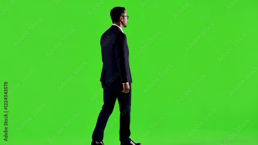 Confident Stride: A businessman in a sharp suit walks purposefully against a vibrant green screen, ready for any challenge.  His confident posture and determined stride convey ambition and success. 