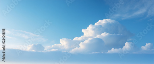 Bright blue sky with fluffy white clouds, creating a serene and tranquil atmosphere.