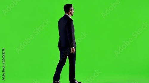 Confident Stride: A businessman in a sharp suit walks purposefully against a vibrant green screen, ready for any challenge.  His confident posture and determined stride convey ambition and success. 