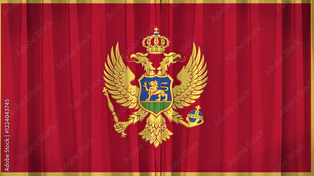 Montenegro National Flag: A close-up shot of the Montenegro national flag, featuring a red field with the coat of arms, a double-headed eagle with a crown holding a shield. Montenegro National Flag: A close-up shot of the Montenegro national flag, featuring a red field with the coat of arms, a double-headed eagle with a crown holding a shield.