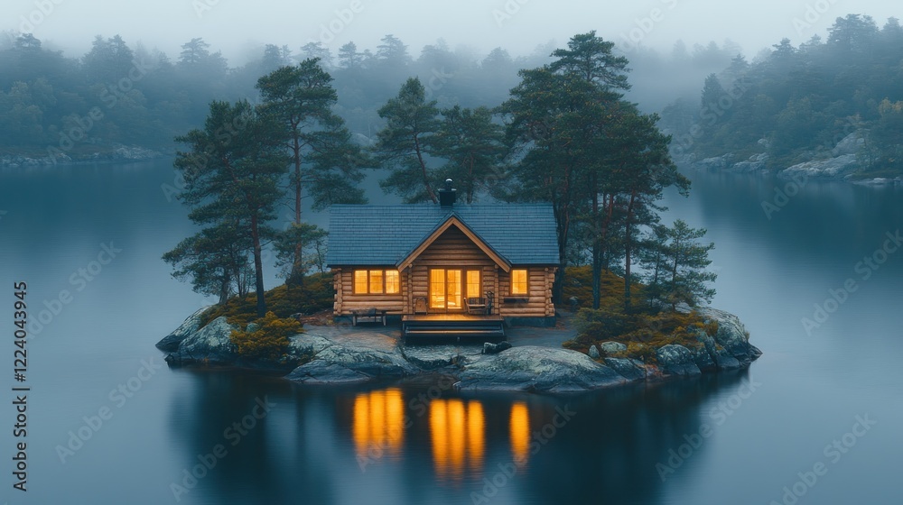 Fototapeta premium Island Cabin, Lake Dusk, Misty Forest, Calm Waters, Retreat