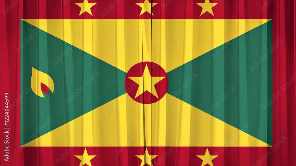 Grenada Flag Unveiled: The national flag of Grenada dramatically revealed behind a rich red curtain, showcasing its vibrant green, red, and yellow colors and its symbolic elements. Grenada Flag Unveiled: The national flag of Grenada dramatically revealed behind a rich red curtain, showcasing its vibrant green, red, and yellow colors and its symbolic elements.