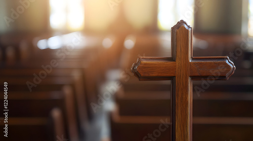 Warm Interior of Chapel with Wooden Cross in Focus During Daytime Service : Generative AI