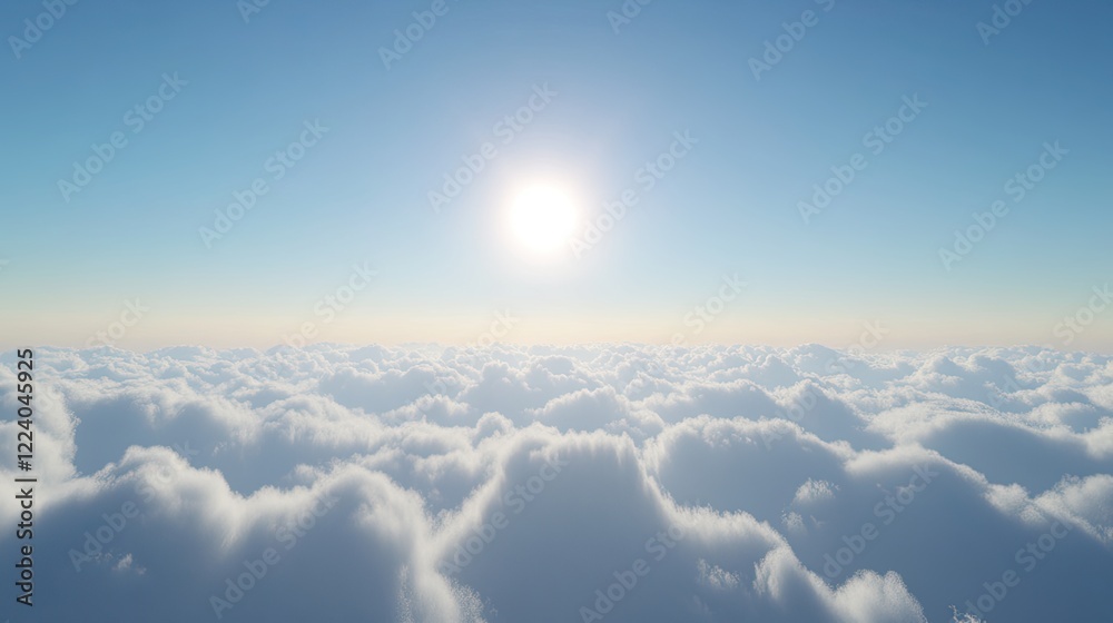 Fototapeta premium Midday sky with a bright sun at its peak, surrounded by clear blue and minimal cloud cover.