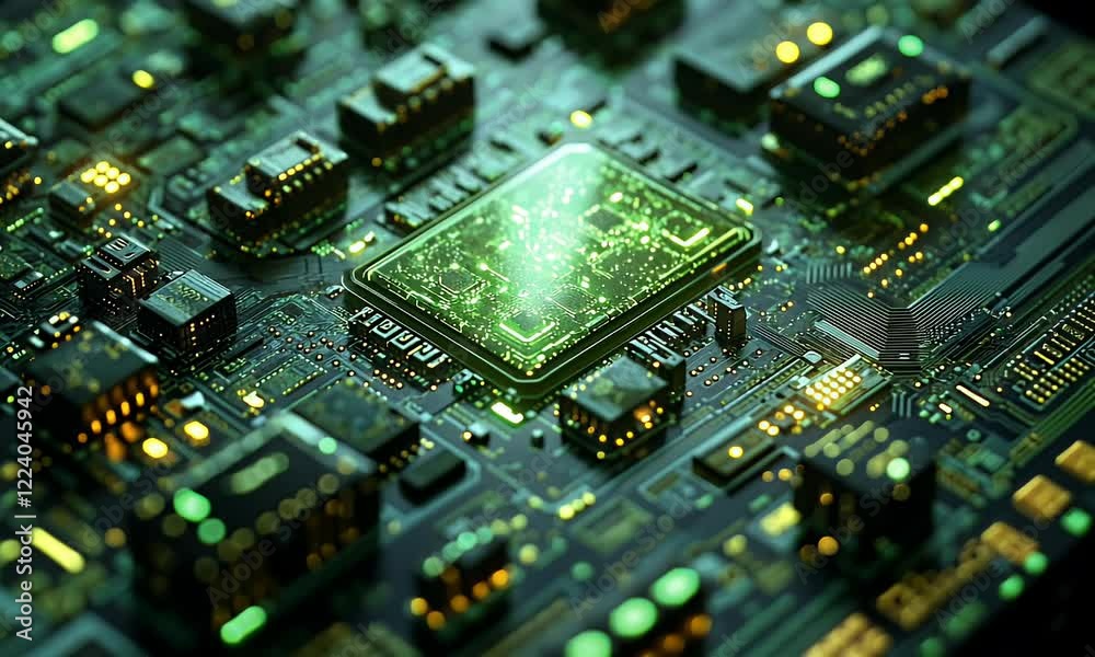 Glowing CPU core on circuit board, tech background Glowing CPU core on circuit board, tech background