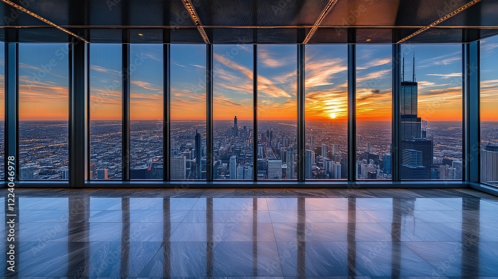 Fototapeta premium Sunset over a metropolitan skyline with warm golden hues reflecting off windows.