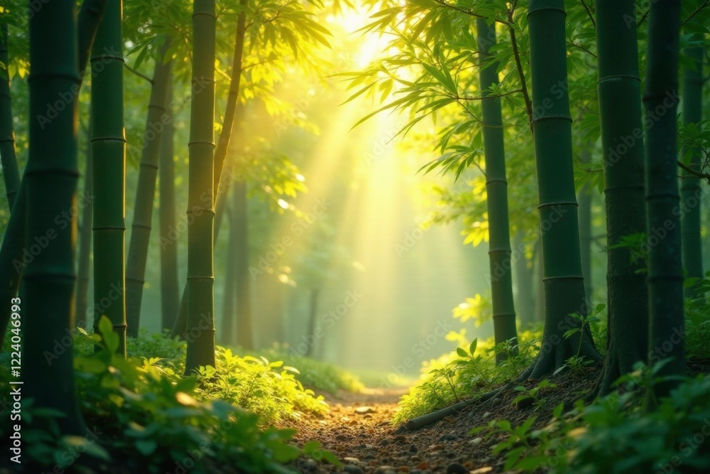 Obraz premium Soft warm light filters through bamboo leaves, forest, sunlight