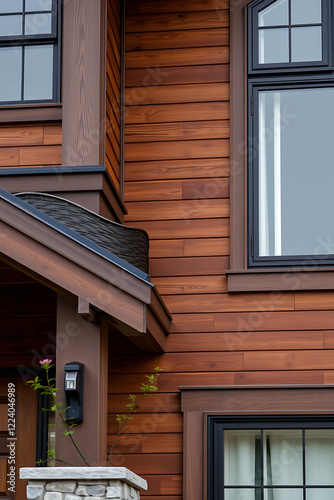 Modern House Exterior with Wood Siding and Black Windows. High-end home design, showcasing beautiful architecture and contemporary style.  Perfect for real estate and home improvement websites. photo