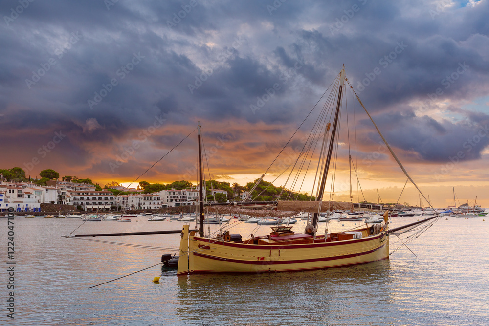 Early morning view of Cadaques Bay at sunrise, with boats anchored in the water, Spain Early morning view of Cadaques Bay at sunrise, with boats anchored in the water, Spain