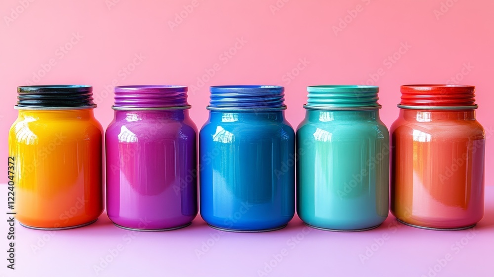 Vibrant Rainbow Paint Cans with Glossy Finish Sparkling in the Light Vibrant Rainbow Paint Cans with Glossy Finish Sparkling in the Light