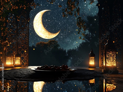 Night scene with crescent moon dates and lanterns photo