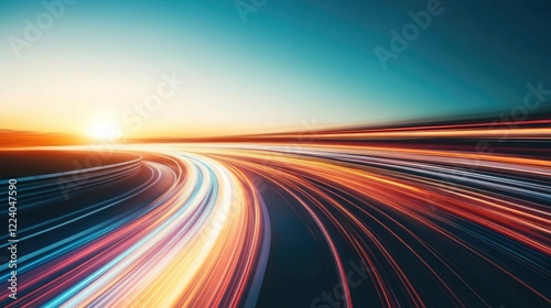 Abstract motion blur of light streaks in warm sunset tones on a dark-to-light gradient.