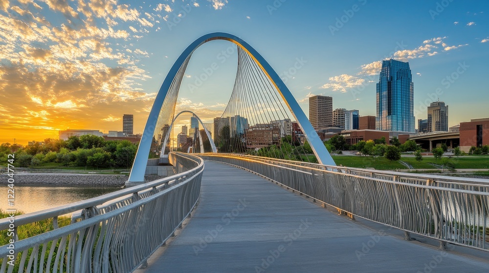 Fototapeta premium A bridge leading into a bright and hopeful skyline, symbolizing progress and achieving a city-based goal.