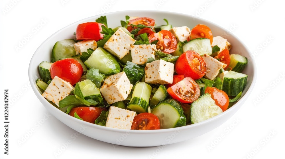 Fresh Vegetable Salad with Cherry Tomatoes and Cubes of Tofu in White Bowl on Isolated Background Fresh Vegetable Salad with Cherry Tomatoes and Cubes of Tofu in White Bowl on Isolated Background