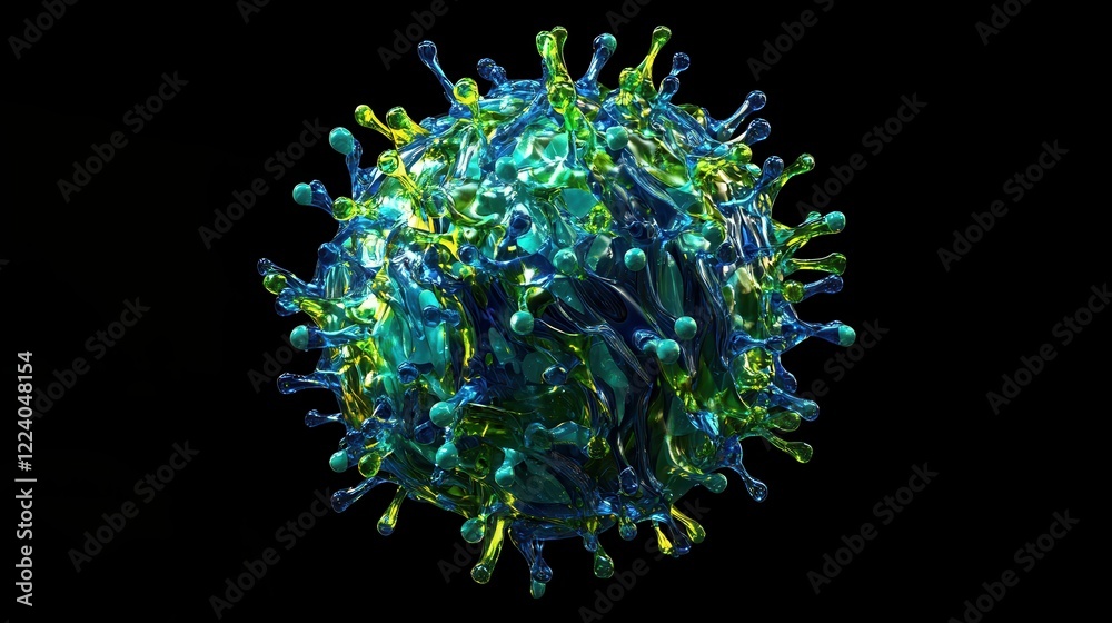 Detailed 3D rendering of a virus with a focus on the molecular structure, showing surface proteins and individual viral spikes. Detailed 3D rendering of a virus with a focus on the molecular structure, showing surface proteins and individual viral spikes.
