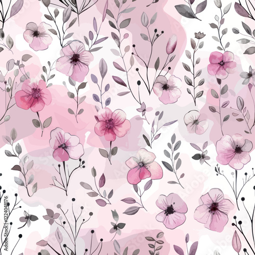 Cute pink and gray watercolor floral watercolor floral seamless pattern. Watercolor print in rustic vintage style, textile or wallpapers.