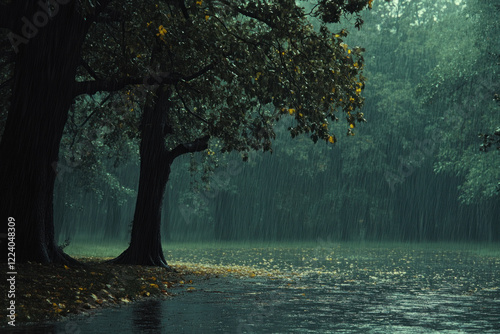 Tree standing tall in pouring rain, branches soaked, leaves glistening. Gray skies behind, drops create ripples in puddles below.