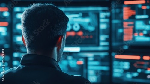 Man Working on Data Analysis in a Modern Control Room Surrounded by Multiple Computer Screens