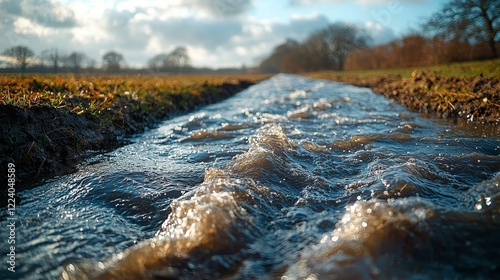 Rural ditch water flowing, winter field background, nature scene