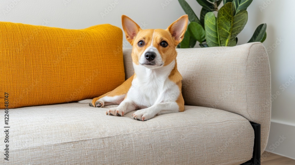 Beautiful Corgi Dog Relaxing on Modern Couch with Decorative Pillows Beautiful Corgi Dog Relaxing on Modern Couch with Decorative Pillows