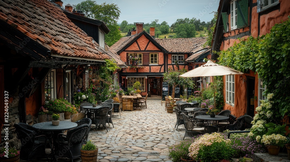 Obraz premium Charming European Village Square: Cobblestone Street, Cozy Cafes, and Quaint Houses