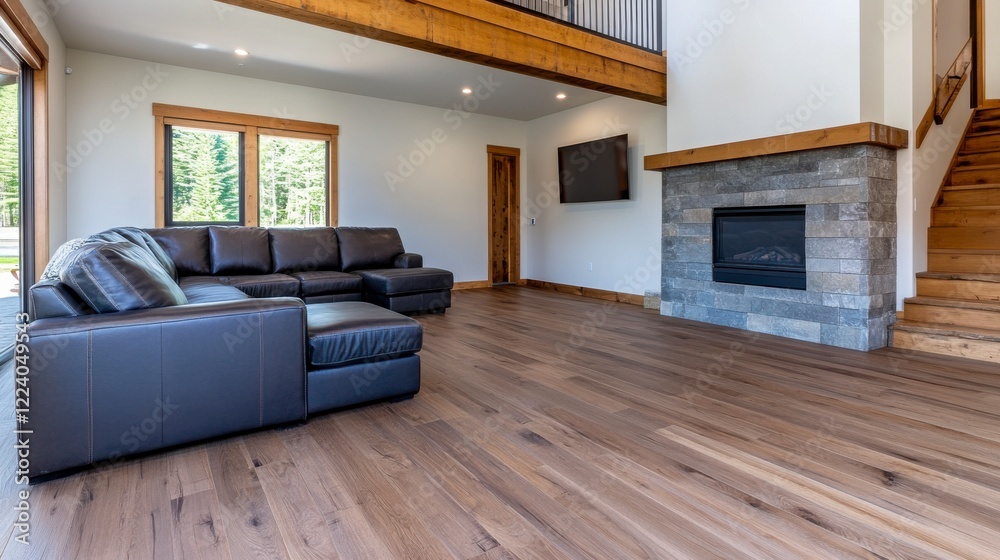 Fototapeta premium Modern Living Room with Leather Sofa and Stone Fireplace