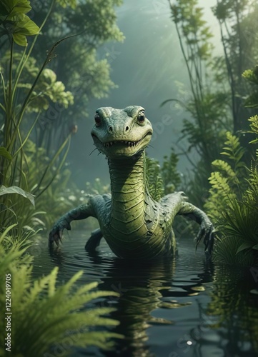 Serpentine creature gliding through the aquatic vegetation, serpentine, vegetation, reptile
