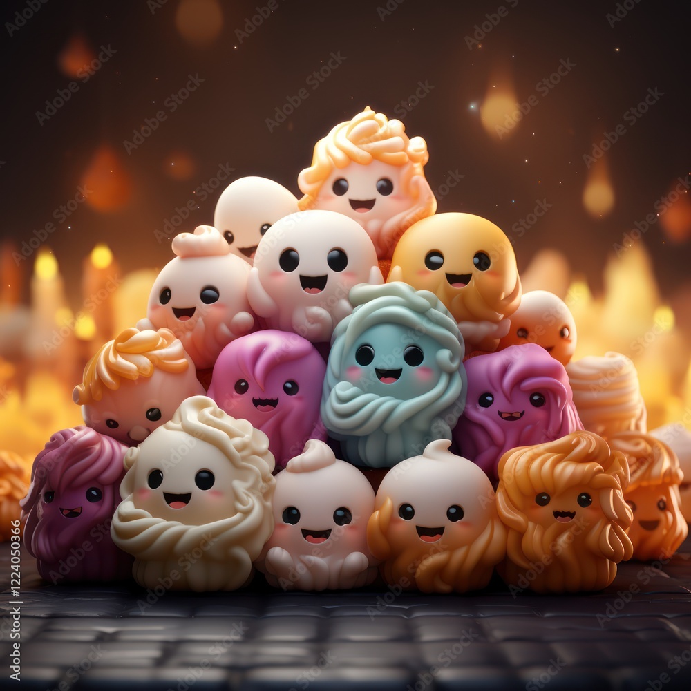 Fototapeta premium Adorable Ghost Dumplings with Happy Faces in a Festive Autumn Setting By Generated AI