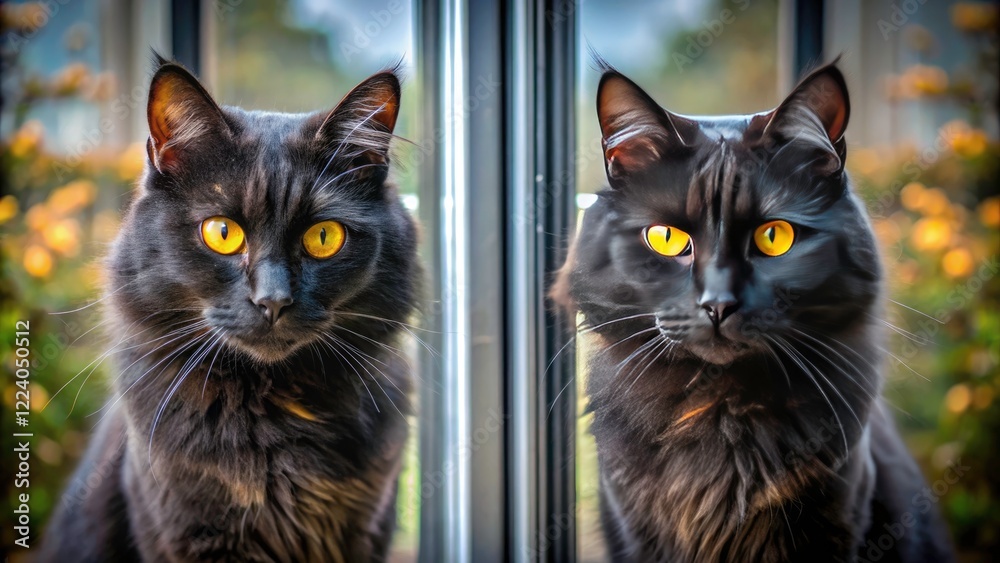 Angry Black Cat Window Stare Mirror Reflection - Fluffy Pet Photography Angry Black Cat Window Stare Mirror Reflection - Fluffy Pet Photography