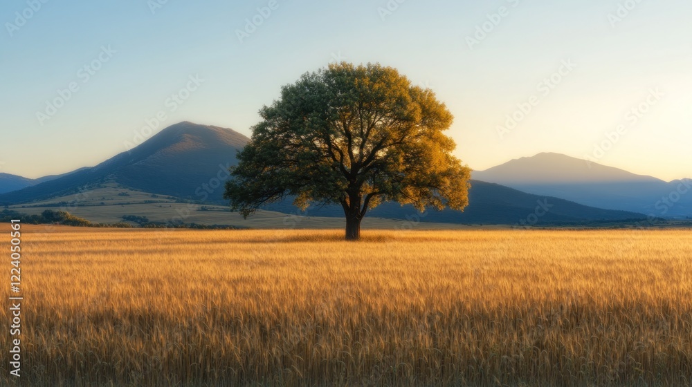 Fototapeta premium Lone tree sunset field mountain landscape