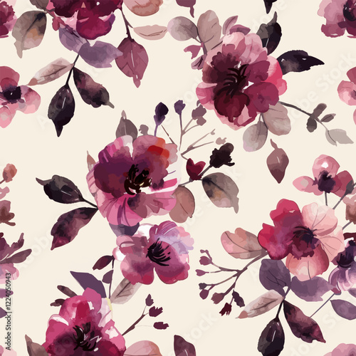 Cute floral pattern, vintage style, dark pink and burgundy tones, cream background watercolor floral seamless pattern. Watercolor print in rustic vintage style, textile or wallpapers.