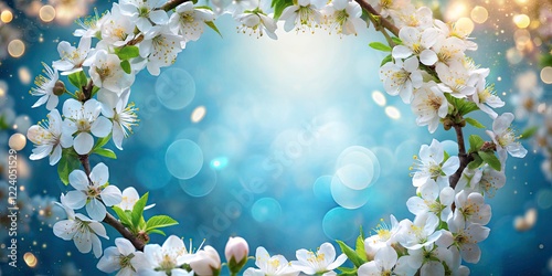 Blue Background White Blossom Circle Bokeh Photography, Floral Wreath, Spring Flowers, Soft Focus Image