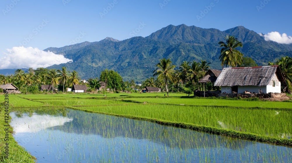 Fototapeta premium Tranquil Rice Paddies and Mountains