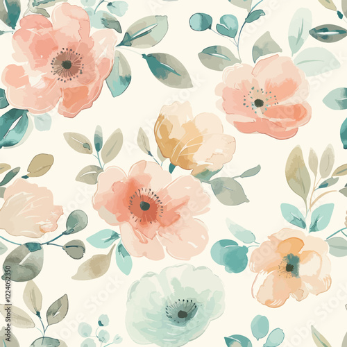 Cute pastel peach and teal flowers on a cream background watercolor seamless pattern. Watercolor print in rustic vintage style, textile or wallpapers.