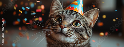 A series of playful tabby cats wearing colorful party hats and sunglasses, celebrating in a fun and festive setting. Perfect for humor, greeting cards, and pet-related content.