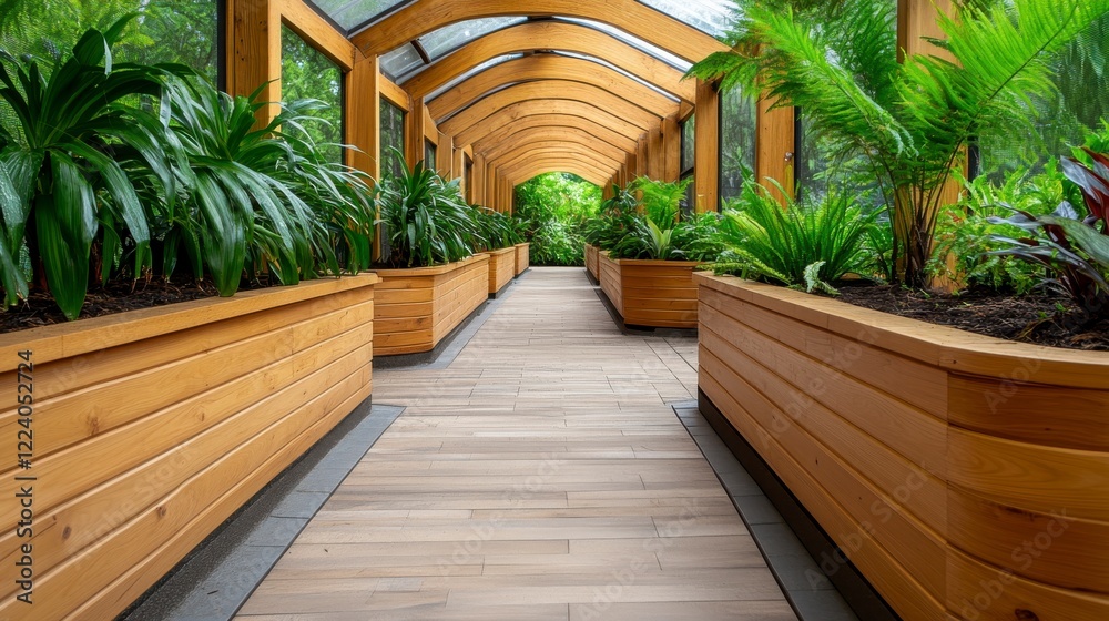 Serene Indoor Garden Pathway with Lush Green Plants and Wood Décor Serene Indoor Garden Pathway with Lush Green Plants and Wood Décor