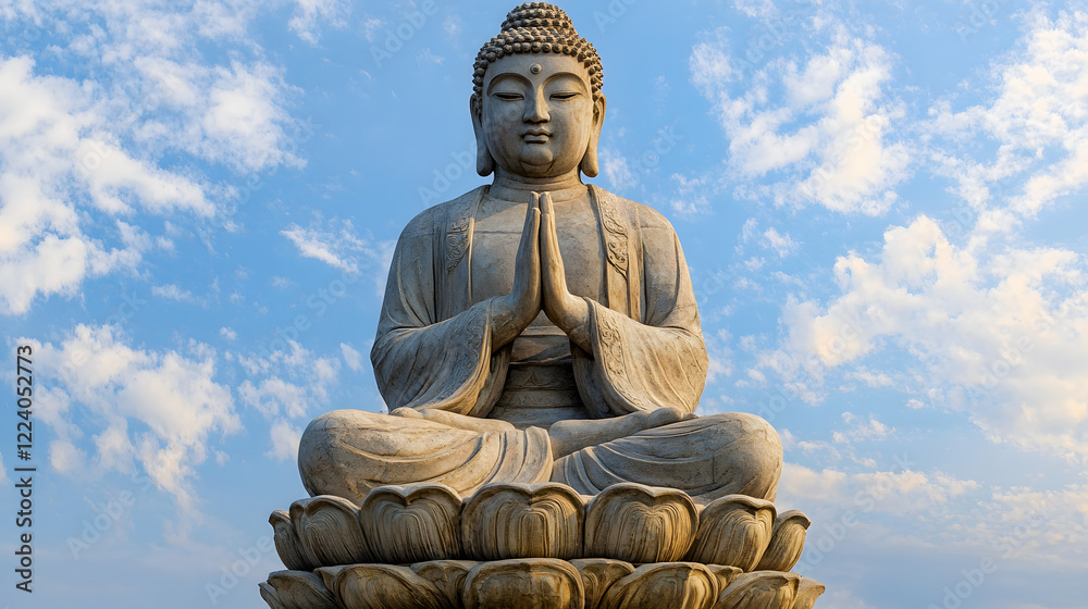 Obraz premium Majestic Stone Buddha Statue Against a Peaceful Blue Sky in a Tranquil Outdoor Setting : Generative AI