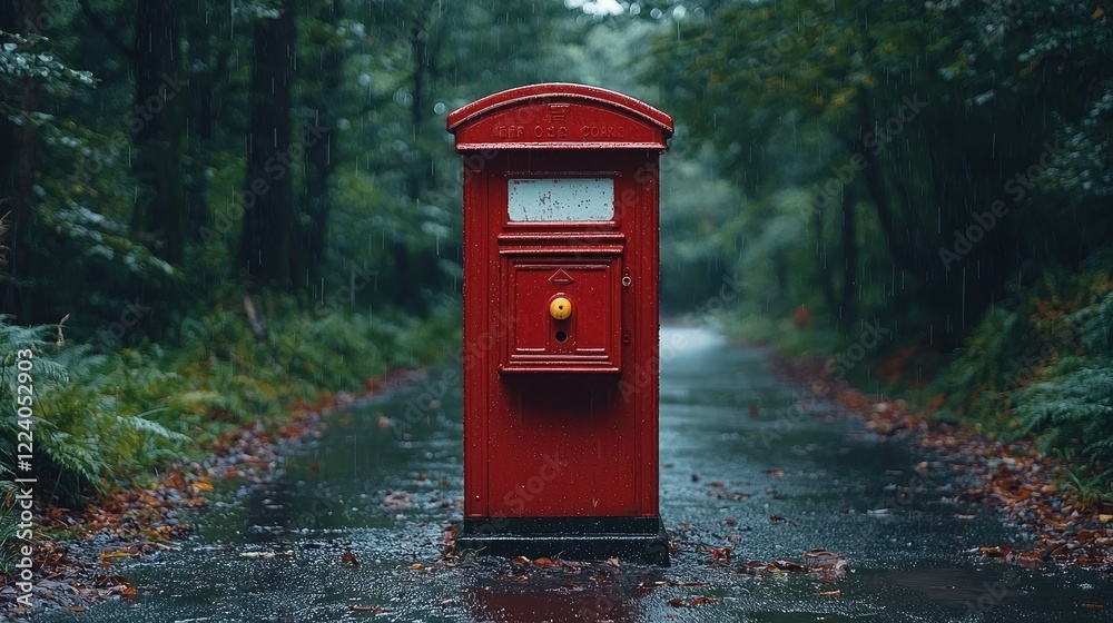 Red Postbox Stands Alone In Rainy Woods Red Postbox Stands Alone In Rainy Woods